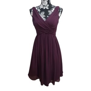 Bill Levkoff Plum Chiffon Pleated V-Neck Knee Length Bridesmaid Dress
